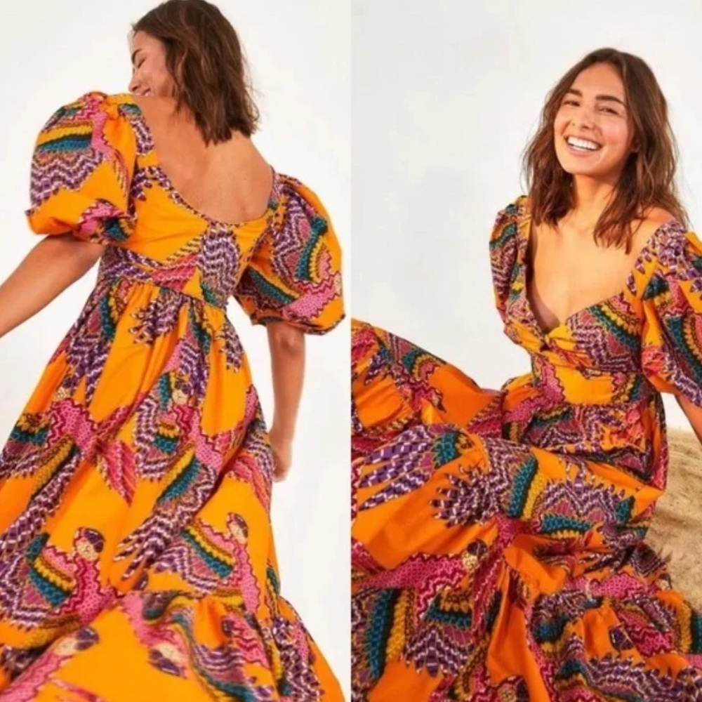 FARM Rio Orange Multi Puff-Sleeve Maxi Dress